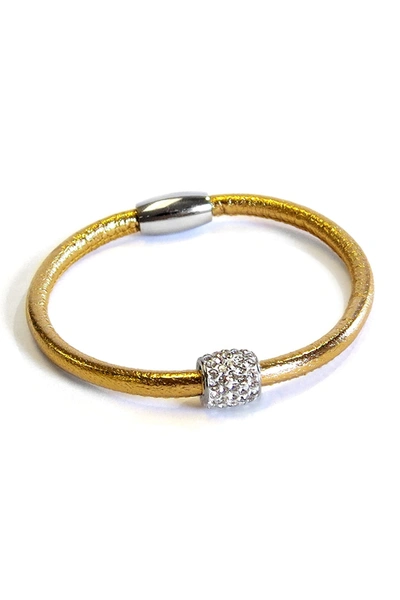 Shop Liza Schwartz Crystal Pave Bead Metallic Leather Bracelet In Metallic Gold