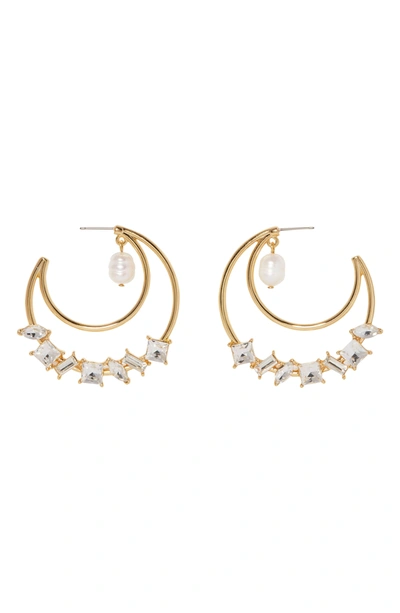 Shop Vince Camuto Statement Post Hoop Earrings In Crystal Stones With 10mm Freshwater Pearl In Gold/crystal/ivory Pearl