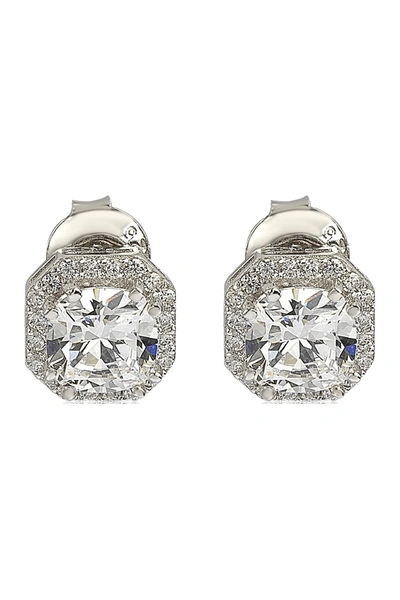 Suzy Levian Sterling Silver White Cz Cushion-cut Halo Stud Earrings In White