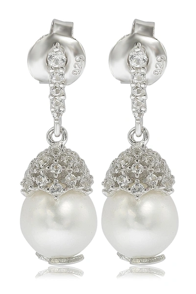 Suzy Levian Sterling Silver 8mm Freshwater Pearl & Created Sapphire Dangle Earrings In White
