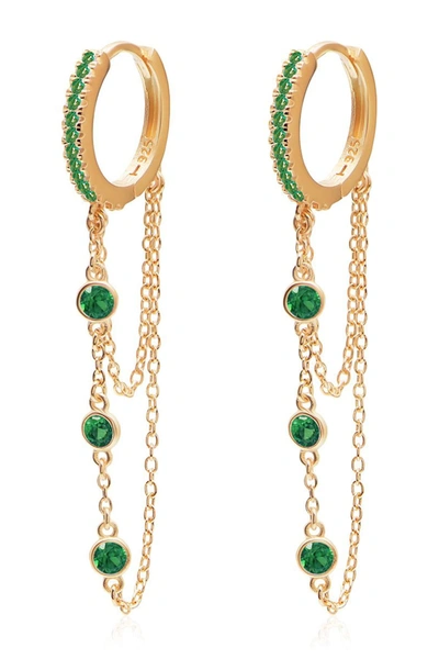 Shop Gab+cos Designs Gold & Emerald Dangle Pave Huggie Earrings