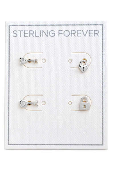 Shop Sterling Forever Rhodium Plated Lock & Key Stud Earrings Set In Silver