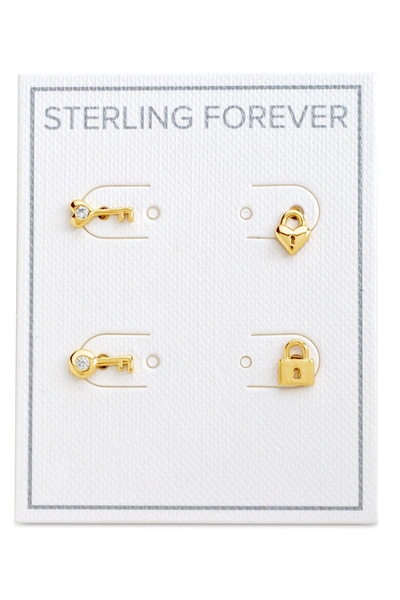 Shop Sterling Forever 14k Yellow Gold Plated Cz Lock & Key Stud Earrings Set