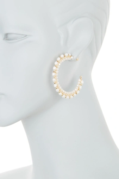 Shop Panacea Faux Pearl & Crystal Beaded Hoop Earrings In Ivory