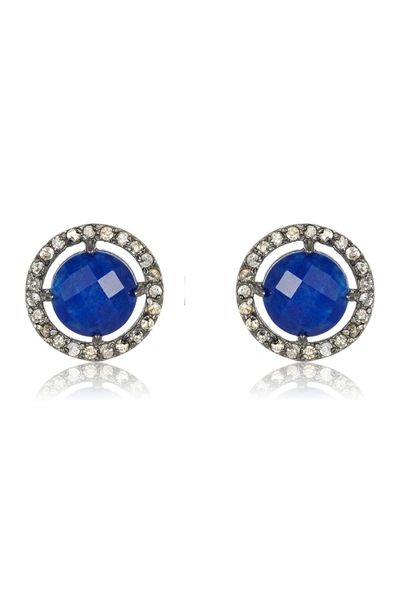 Shop Adornia Fine Black Rhodium Plated Sterling Silver Diamond Halo Lapis Lazuli Stud Earrings In Blue