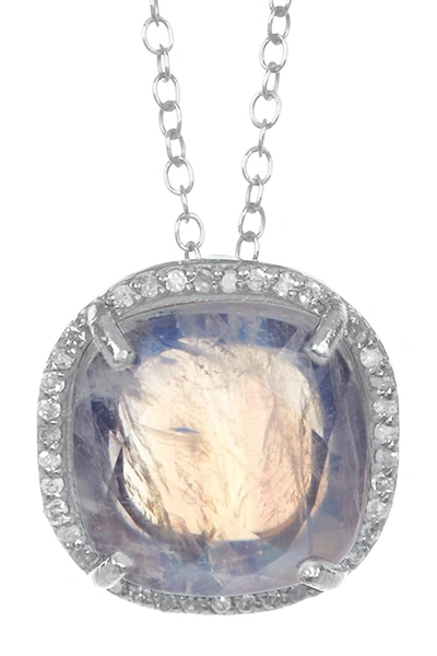 Shop Adornia Fine Rhodium Plated Sterling Silver Pave Diamond Halo Cusion Cut Moonstone Pendant Necklace In White