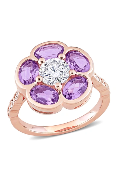 Shop Delmar Rose Gold Plated Sterling Silver Amethyst & Diamond Floral Ring In Purple
