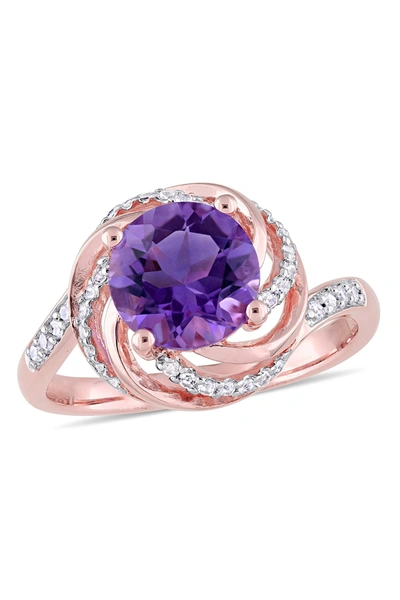 Shop Delmar Rose Gold Plate Sterling Silver Amethyst, White Topaz & Diamond Swirl Halo Ring In Purple