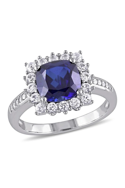 Delmar Sterling Silver Lab Created Blue Sapphire, Lab Created White Sapphire & Diamond Ring In Blue