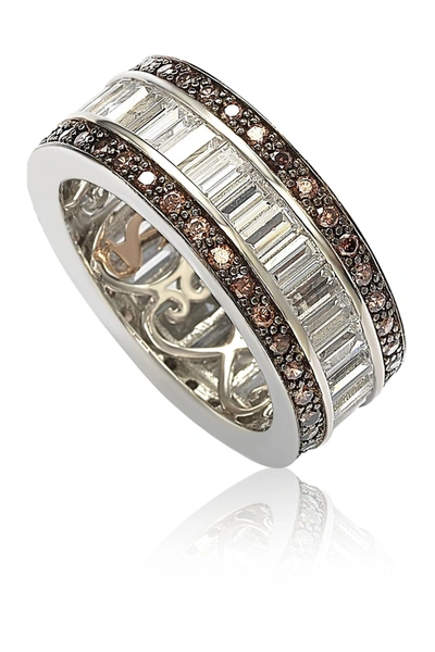 Suzy Levian Sterling Silver Cubic Zirconia Brown And White Baguette Eternity Band In Brown