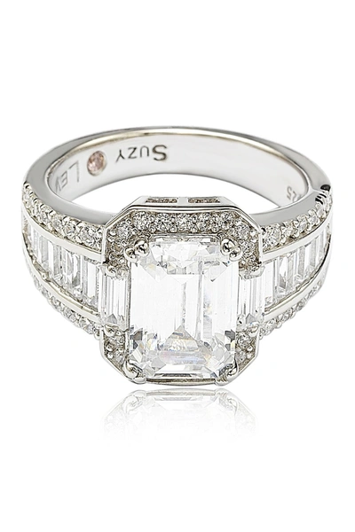 Suzy Levian Sterling Silver White Emerald-cut Cubic Zirconia Engagement Ring