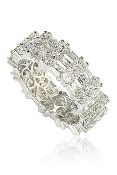 Suzy Levian Sterling Silver Modern Tri-row White Bagguette Cz Eternity Band In White