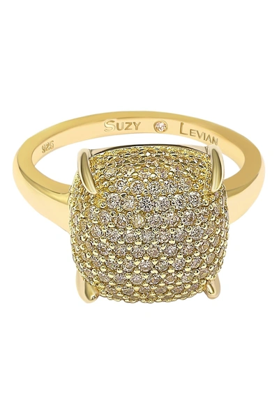 Suzy Levian Yellow-tone Sterling Silver Prong Set Cushion Shape Pave Cz Ring In Yellow