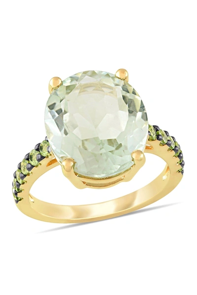 Delmar Yellow Gold Plated Sterling Silver Green Prasiolite Pavé Peridot Ring In Green