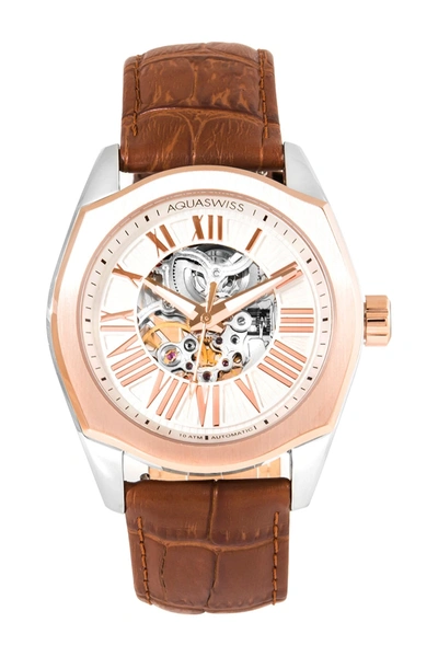 Shop Aquaswiss Legend Automatic Leather Strap Watch, 34mm In Brown-rosegold