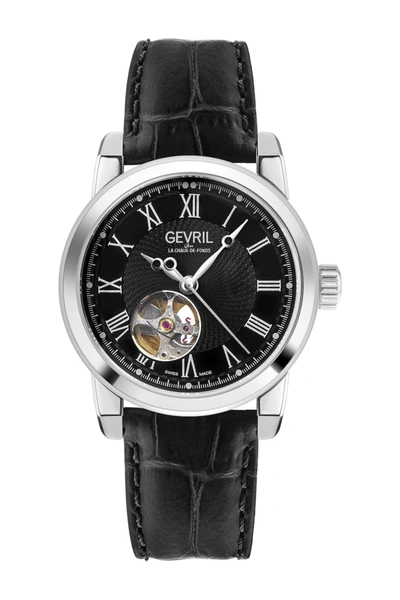 Shop Gevril Madison Croc Embossed Leather Strap Watch, 39mm In Black