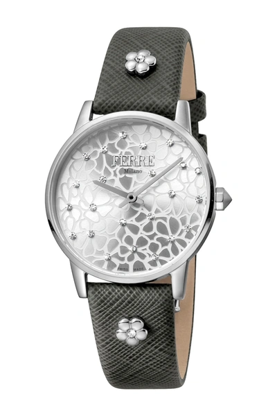 Shop Ferre Milano Floral Dial Textured Leather Strap Watch, 32mm In Grey