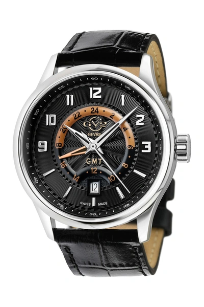 Shop Gevril Giromondo Black Dial Black Calfskin Leather Watch, 42mm