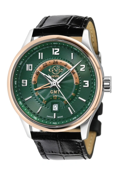 Shop Gevril Giromondo Green Dial Black Calfskin Leather Watch, 42mm