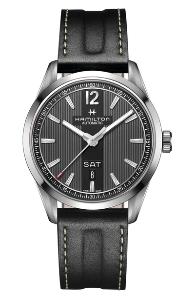 Shop Hamilton Men's American Classic Leather Strap Watch In Black/silver/dark Grey