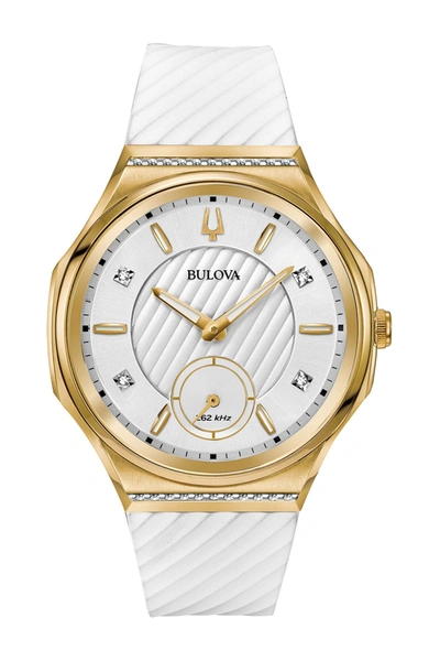 Shop Bulova Curv Gold Diamond White Dial Rubber Strap Watch, 40.5mm