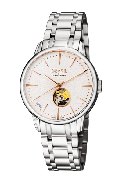 Shop Gevril Mulberry Open Heart Swiss Automatic Bracelet Watch, 43mm In Silver