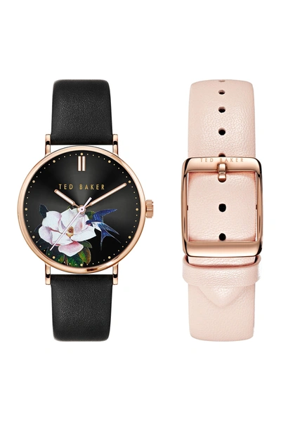 Shop Ted Baker Phylipa Flowers 3-hand Leather Strap Box Set, 37mm In Black