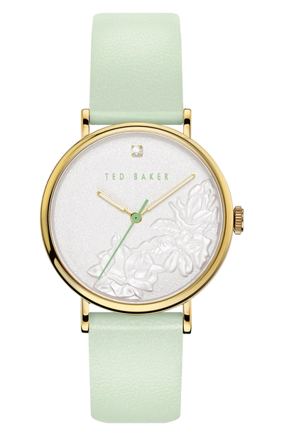 Shop Ted Baker Phylipa Flowers Leather Strap Watch In Light Pastel Green