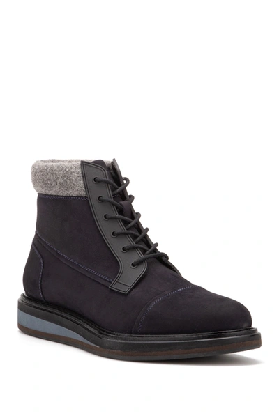 Vintage Foundry Stone Faux Fur Trim Leather Boot In Dark Navy