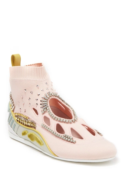 Shop Valentino Jewel Embellished Knit Sneaker In Water Rose/pacific Green/a.c.