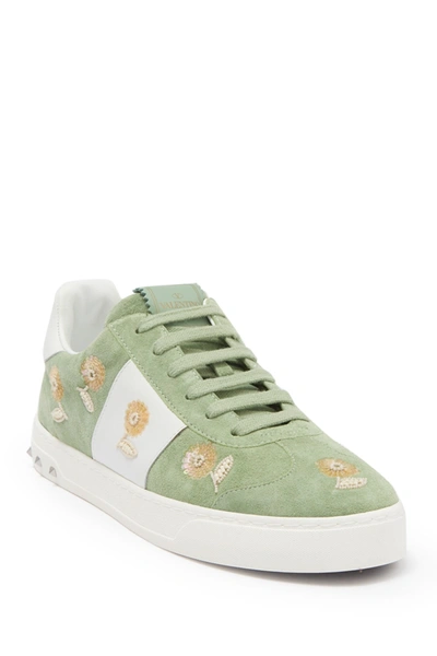 Shop Valentino Floral Embellished Suede Sneaker In Powder Green