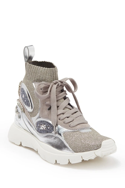 Shop Valentino Embellished Stretch Sneaker In Silver/perla/bianco/a.c.