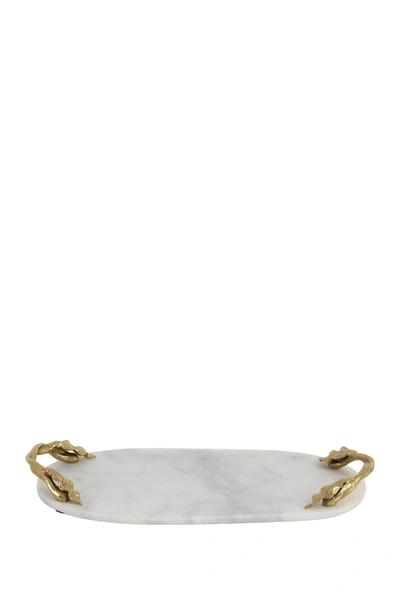 Willow Row White Marble Glam Tray With Goldtone Twisted Leaf Handles In White