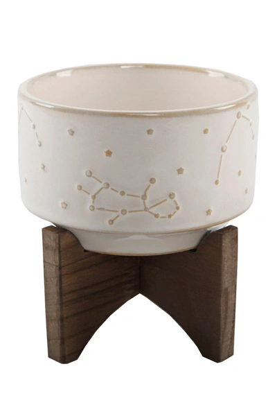 Shop Flora Bunda 4" Constellation Ceramic Pot On Wood Stand In Ivory