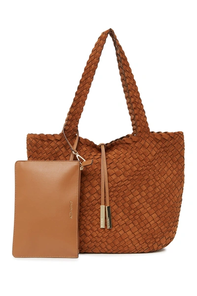 Shop Calvin Klein Naomi Woven North/south Novelty Tote In Caramel