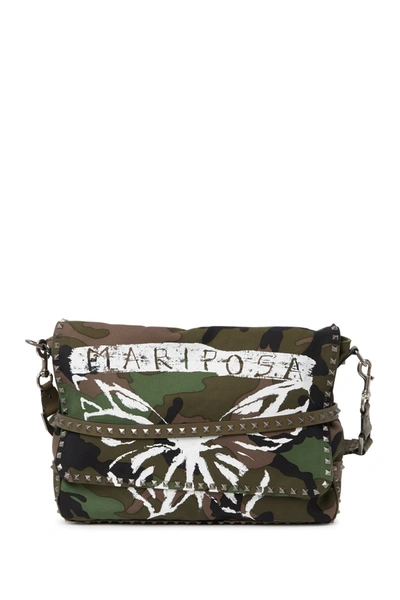 Shop Valentino Mariposa Studded Messenger Bag In Army Green/white