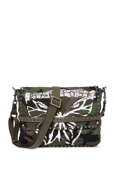 Shop Valentino Mariposa Small Studded Messenger Bag In Army Green/white