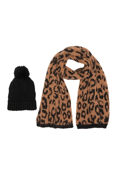 Shop Steve Madden Pompom Beanie & Leopard Print Knit Scarf 2-piece Set