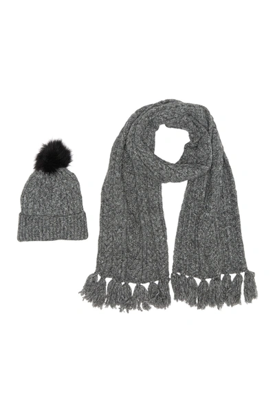 Shop Steve Madden Cozy Marled Faux Fur Pompom Beanie & Cable Knit Scarf 2-piece Set In Black