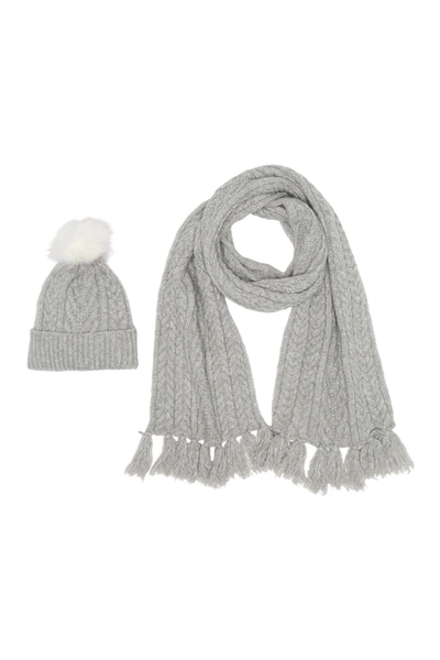 Shop Steve Madden Cozy Marled Faux Fur Pompom Beanie & Cable Knit Scarf 2-piece Set In Grey