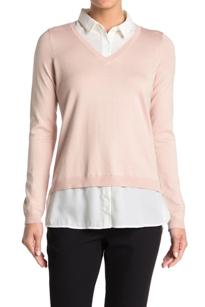 Shop Adrianna Papell V-neck Twofer Sweater In Perlblsivy