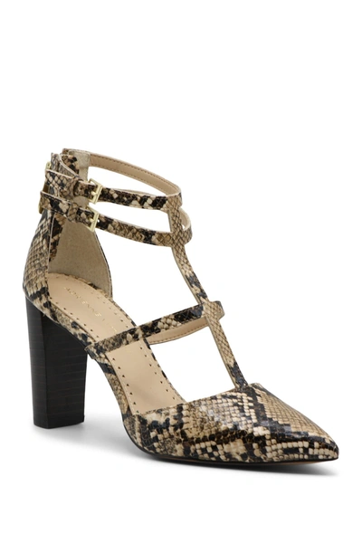 Shop Adrienne Vittadini Nocerna T-strap Snake Embossed Pointed Toe Pump In Tan-blk-fs