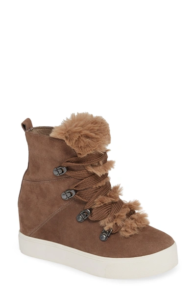 Shop J/slides Whitney Waterproof Faux Fur Detail Wedge Bootie In Taupe Suede