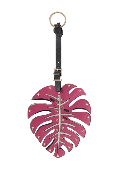 Shop Valentino Leather Studded Leaf Keychain In Nero-deep Cyclamin