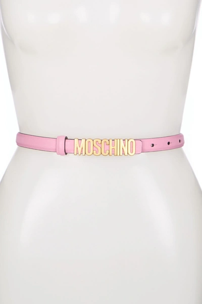 Shop Moschino Thin Gold-tone Logo Belt In Pink