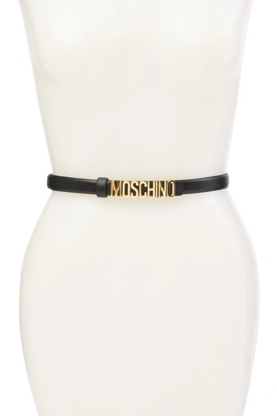 Shop Moschino Thin Leather Gold-tone Logo Belt In Black