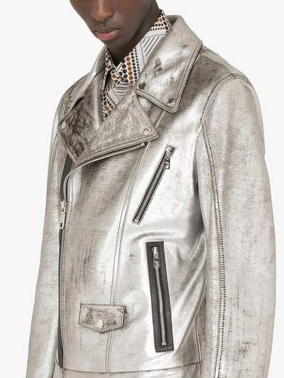 Shop Dolce & Gabbana Metallic Biker Jacket In Grey