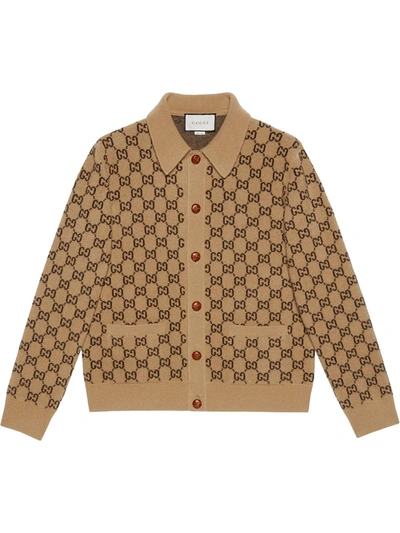 Shop Gucci Gg Supreme Intarsia-knit Cardigan In Neutrals