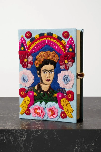 Shop Olympia Le-tan Frida Embroidered Appliquéd Canvas Clutch In Purple