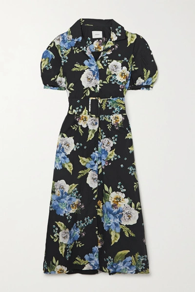 Shop Erdem Frederick Belted Floral-print Cotton-poplin Midi Shirt Dress In Black